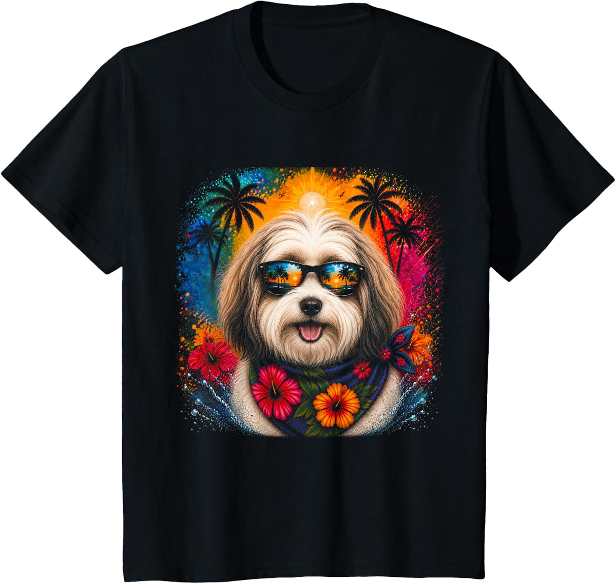 Funny Havanese Dog Beach Tropical Summer Sunset Sunglasses T-Shirt - Black
