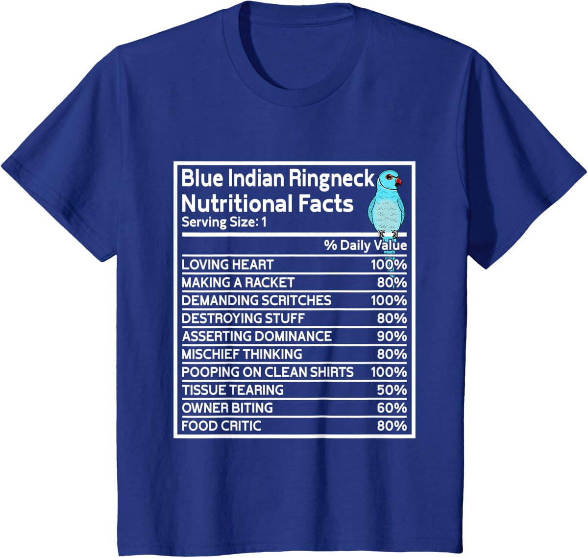 Parrot Nutritional Facts I Blue Indian Ringneck T-Shirt - Royal Blue