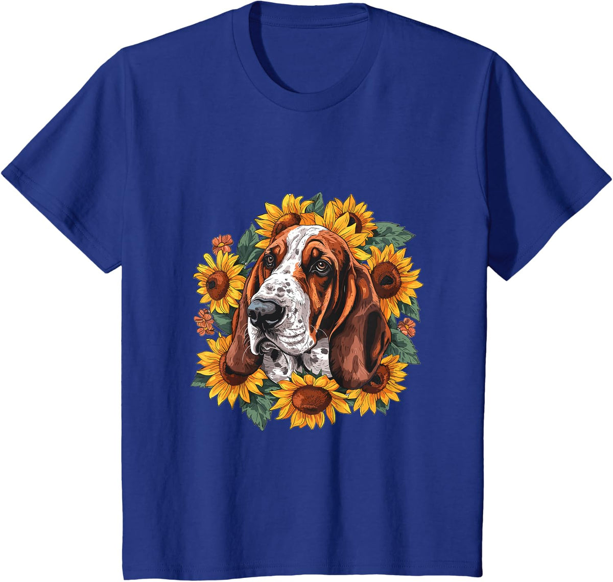 Basset Hound Sunflowers Dog Breed Graphic T-Shirt - Royal Blue
