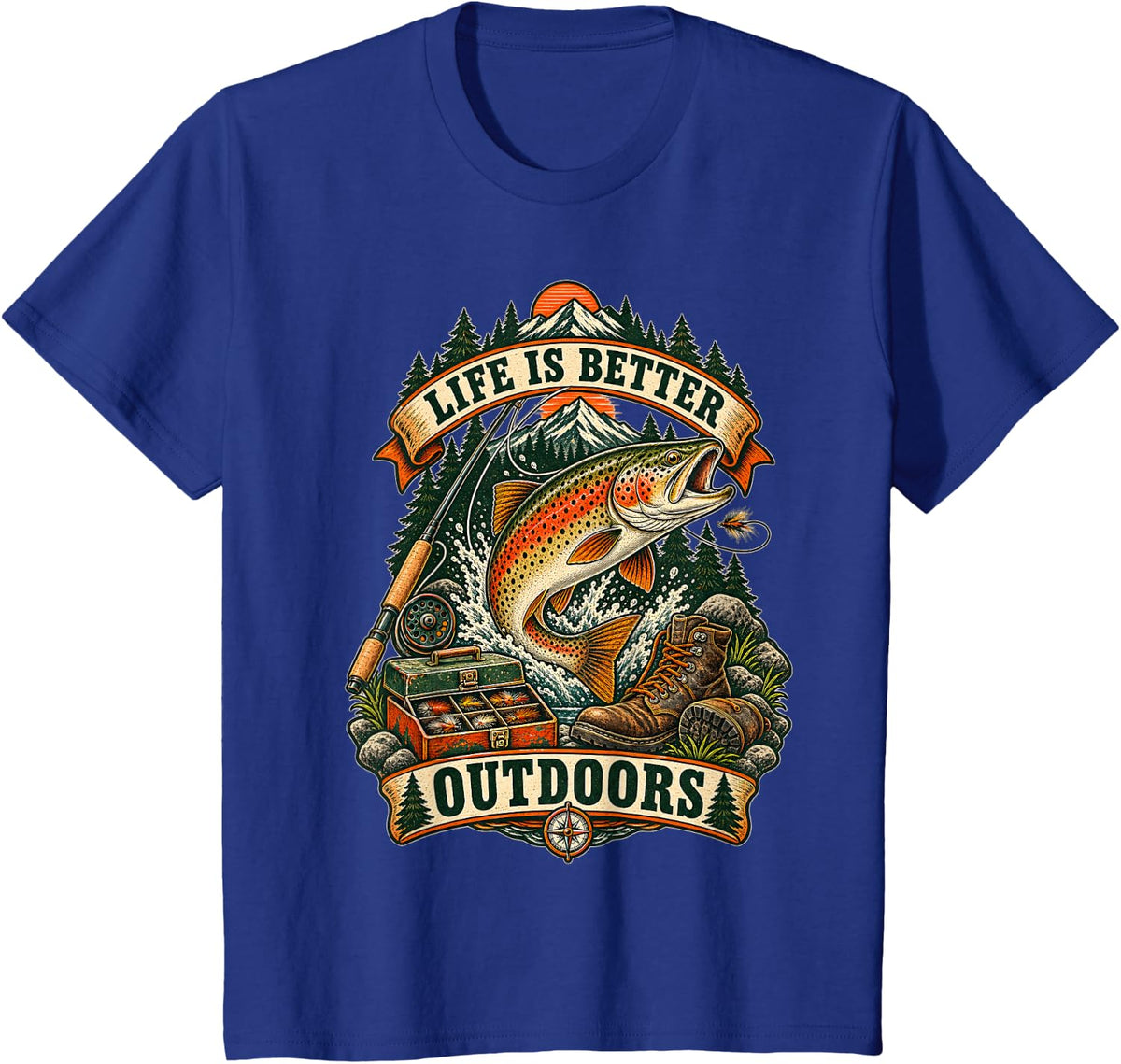 Life is Better Outdoors Trout Fishing Adventure Graphic T-Shirt - Royal Blue