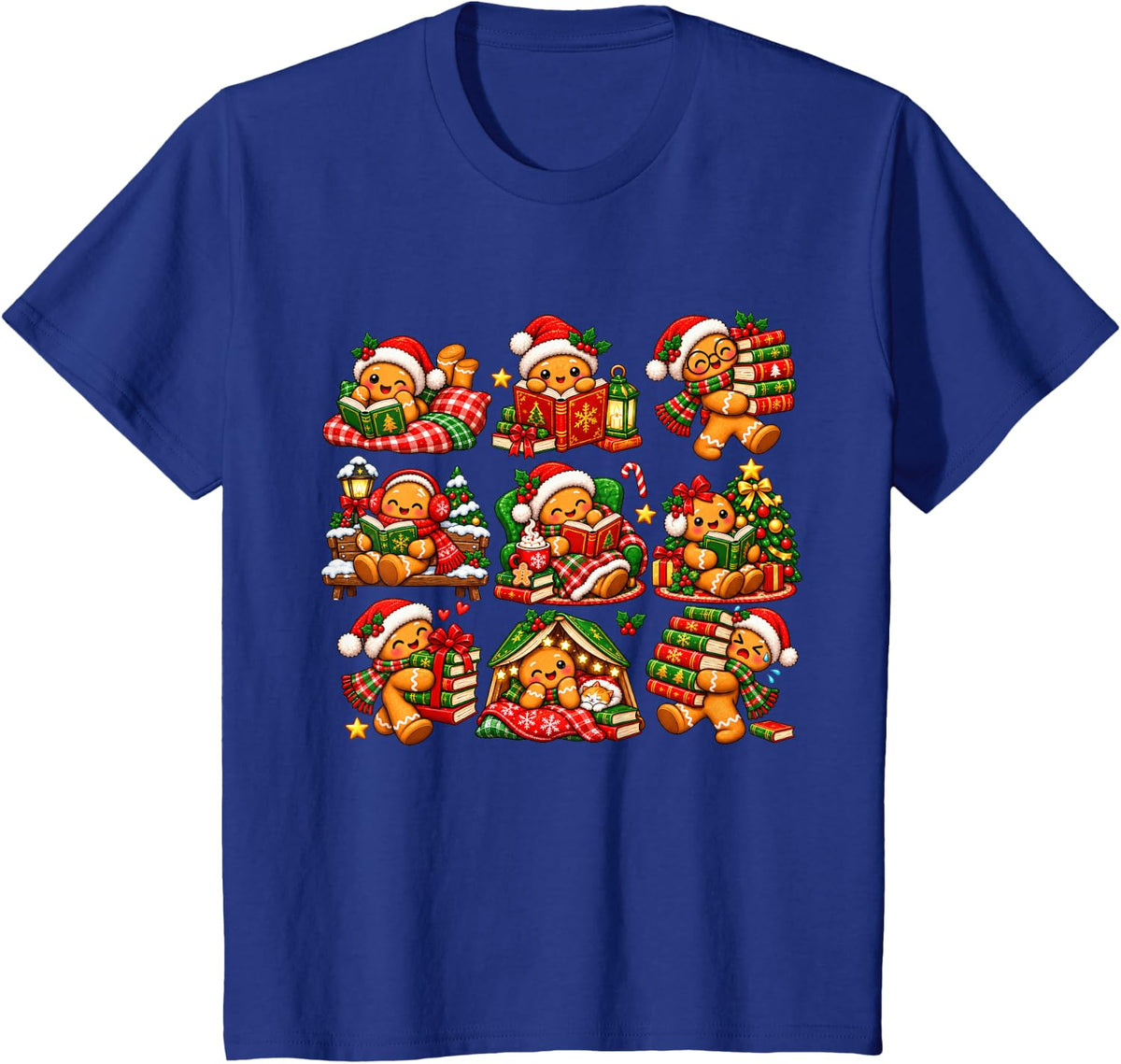 Christmas Gingerbread Reading Books Cute Librarian Bookworm T-Shirt - Royal Blue