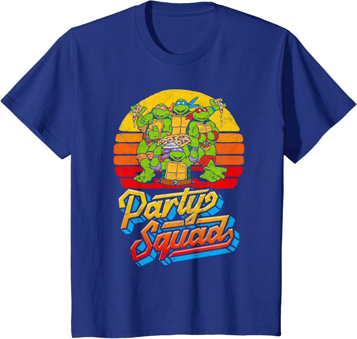 Party Squad TMNT Vintage 80s Pizza Friends Distressed Tee T-Shirt - Royal Blue