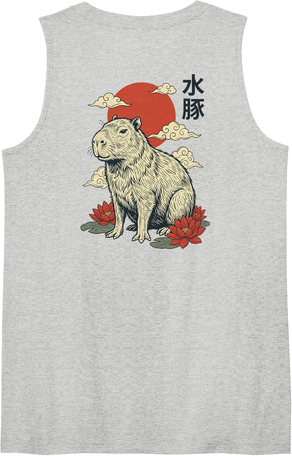 Capybara Japanese Art (On Back) Sleeveless Tank Top - Heather Grey