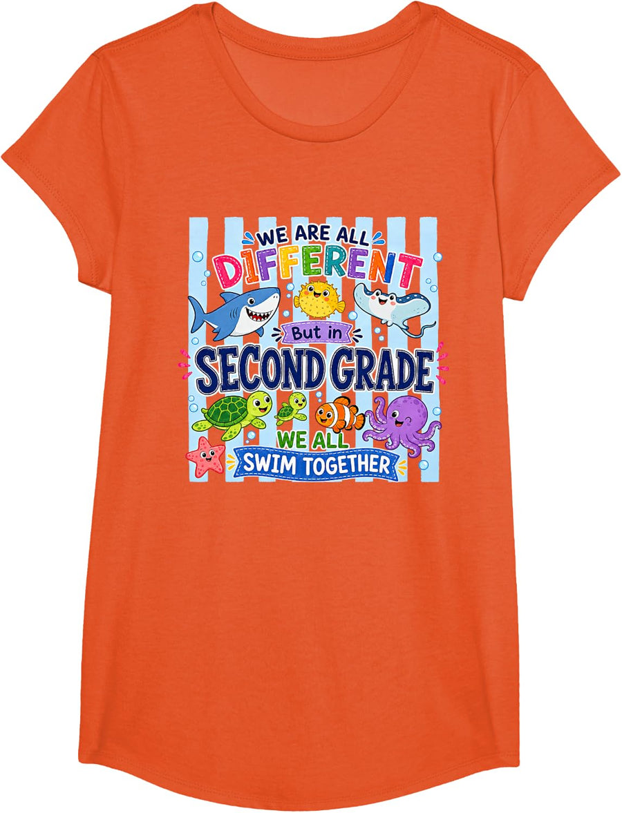 We are All Different But in Second 2nd Grade Team Inclusive T-Shirt - Girls Orange