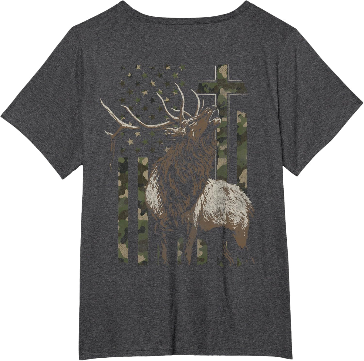 Christian Elk Hunting Distressed Camo (Design on Back) T-Shirt - Dark Heather Grey