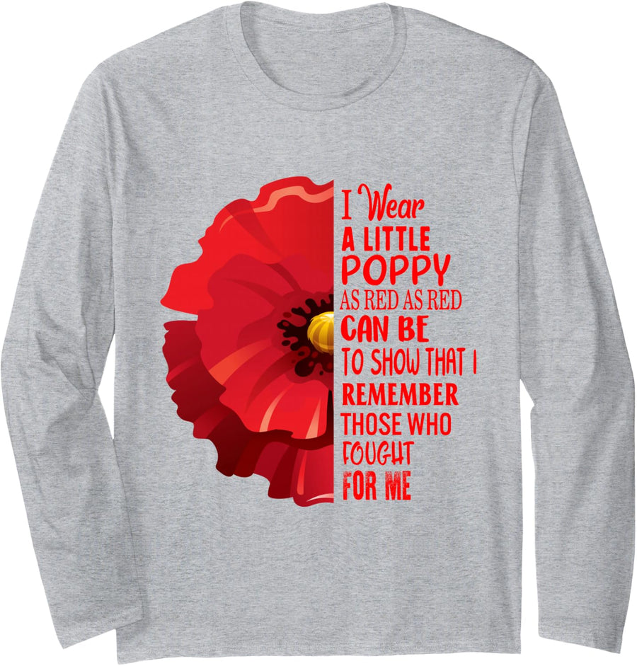 Veterans Day Lest We Forget Red Poppy Flower USA Memorial Long Sleeve T-Shirt - Adult Unisex Heather Grey