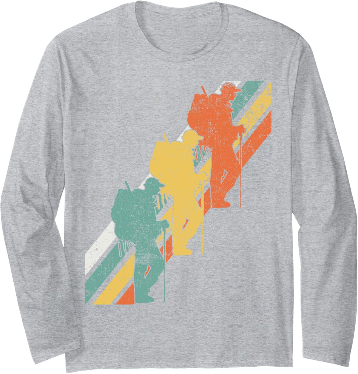 Hiking Hiker Hike Retro Long Sleeve T-Shirt - Adult Unisex Heather Grey