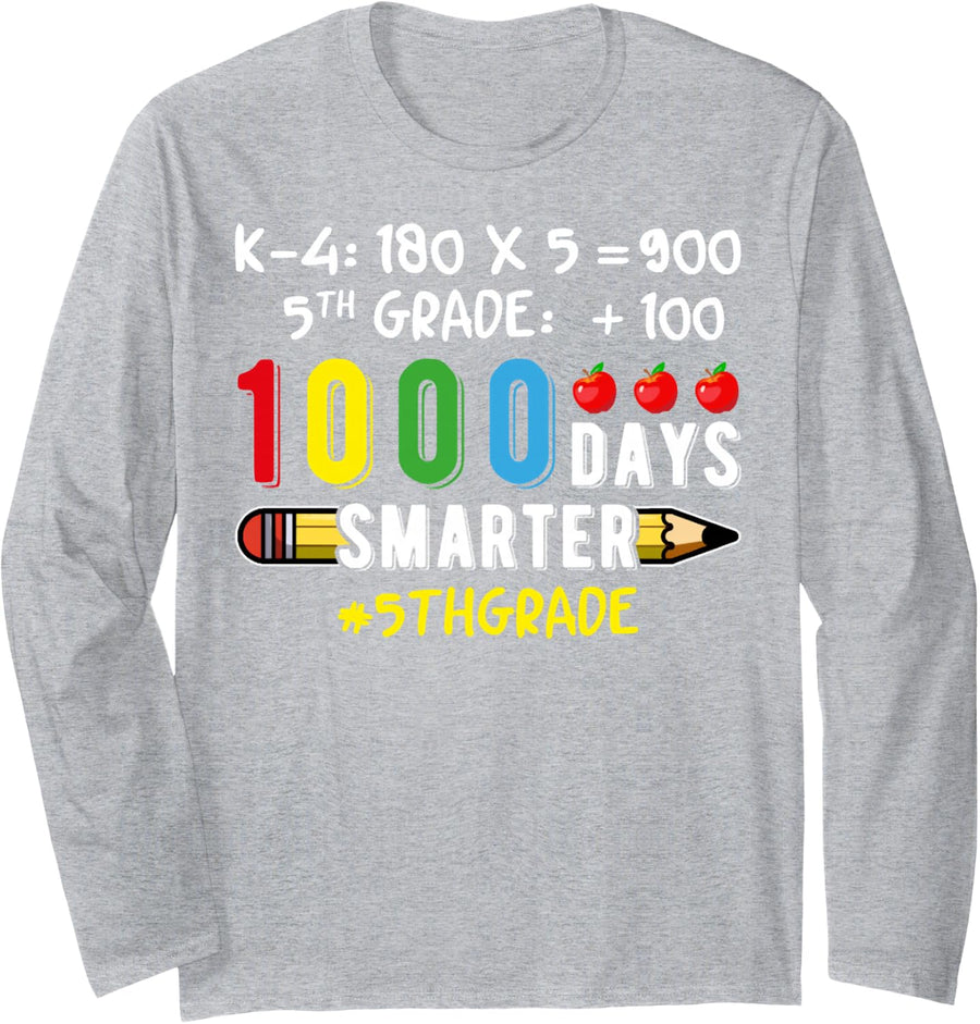 Fifth Grade Teacher 1000 Days Smarter 100 Days of School Tee Long Sleeve T-Shirt - Adult Unisex Heather Grey