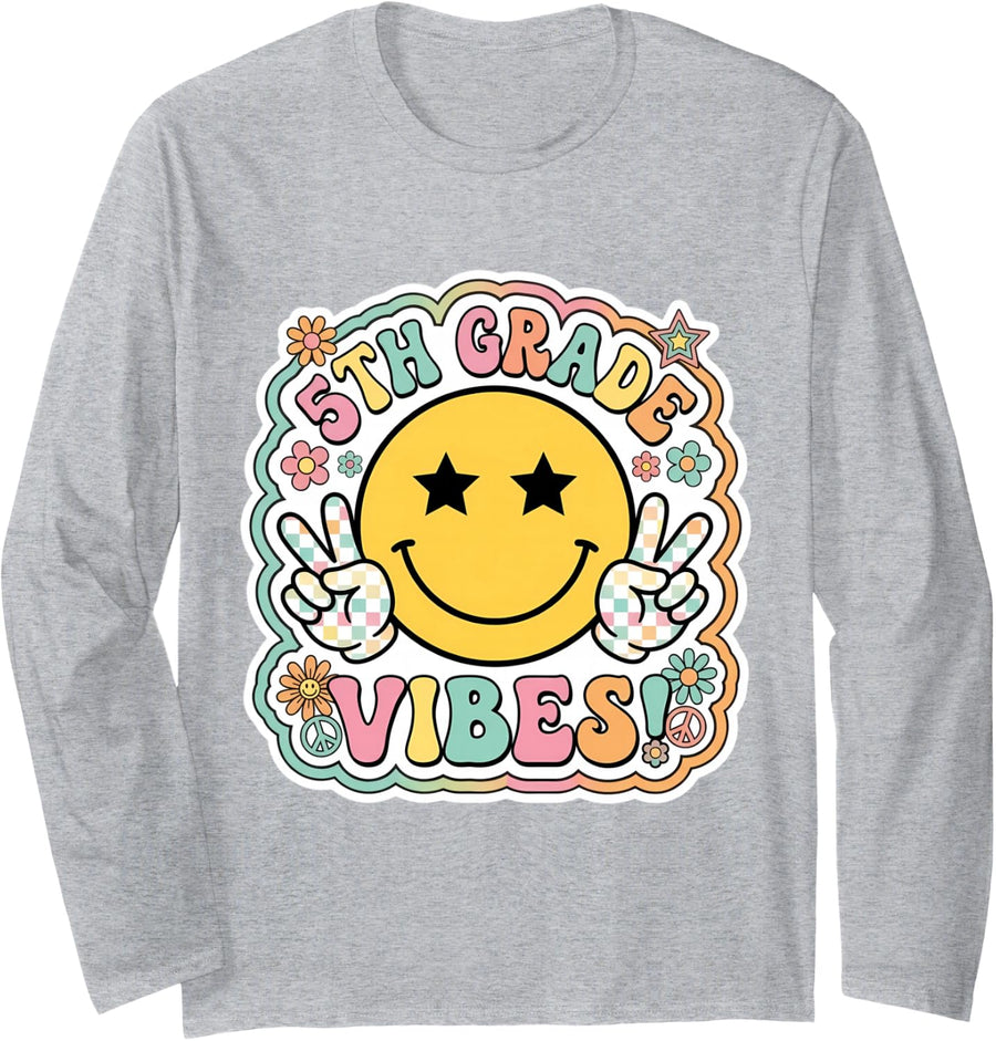 Vintage 5th Grade Vibes Retro Teacher Student Back to School Long Sleeve T-Shirt - Adult Unisex Heather Grey