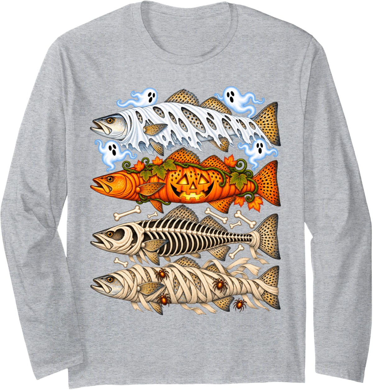 Halloween Spotted Seatrout Fishing Halloween Design Long Sleeve T-Shirt - Adult Unisex Heather Grey