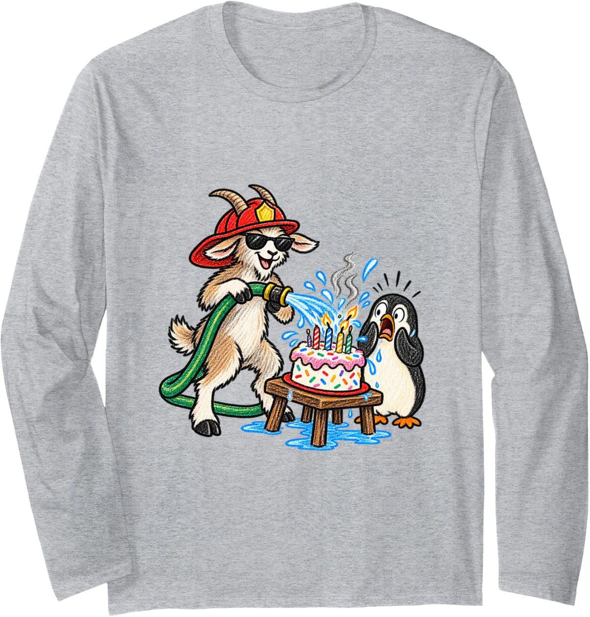 Goat Penguin Firefighter Funny Animal Meme Long Sleeve T-Shirt - Adult Unisex Heather Grey