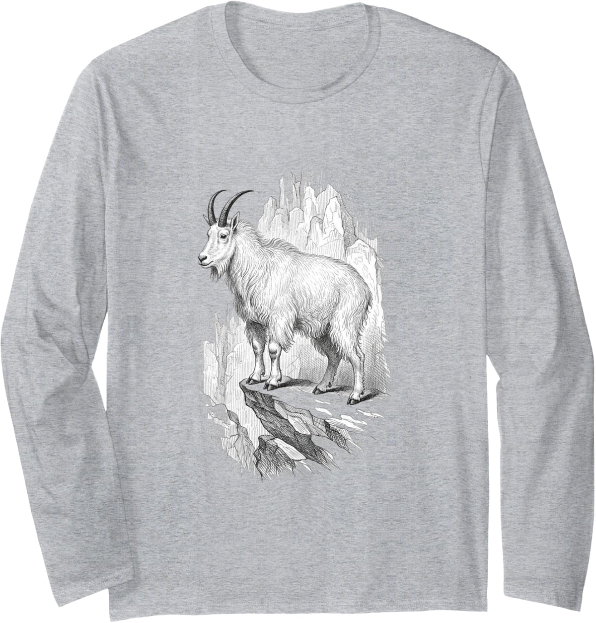 Mountain Goat Standing Rocky Alpine Precipice Art Graphic Long Sleeve T-Shirt - Adult Unisex Heather Grey
