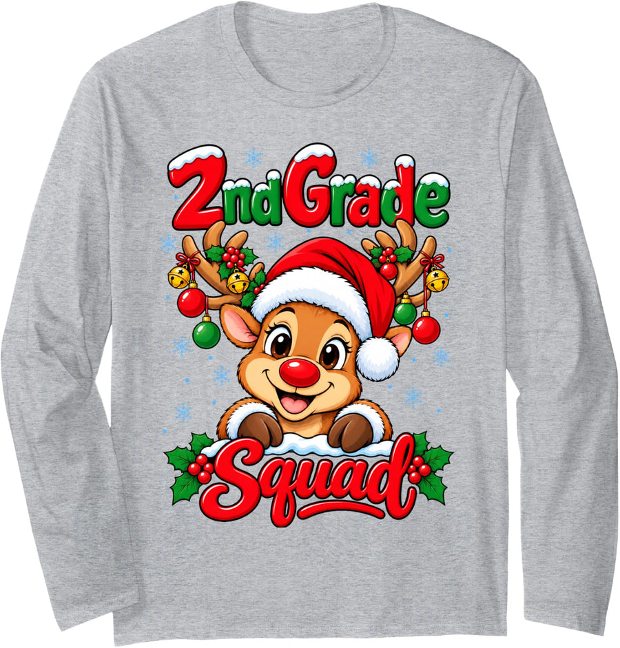 Second 2nd Grade Squad Christmas Reindeer Students Teachers Long Sleeve T-Shirt - Adult Unisex Heather Grey
