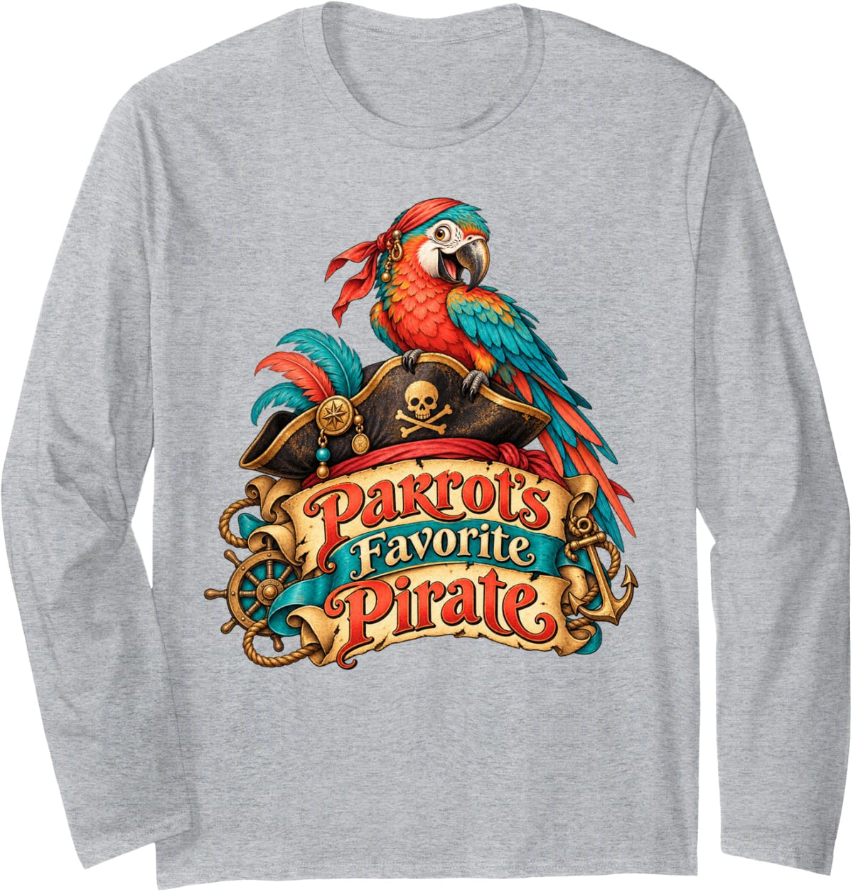 Parrots Favorite Pirate Bird Lover Design Long Sleeve T-Shirt - Adult Unisex Heather Grey