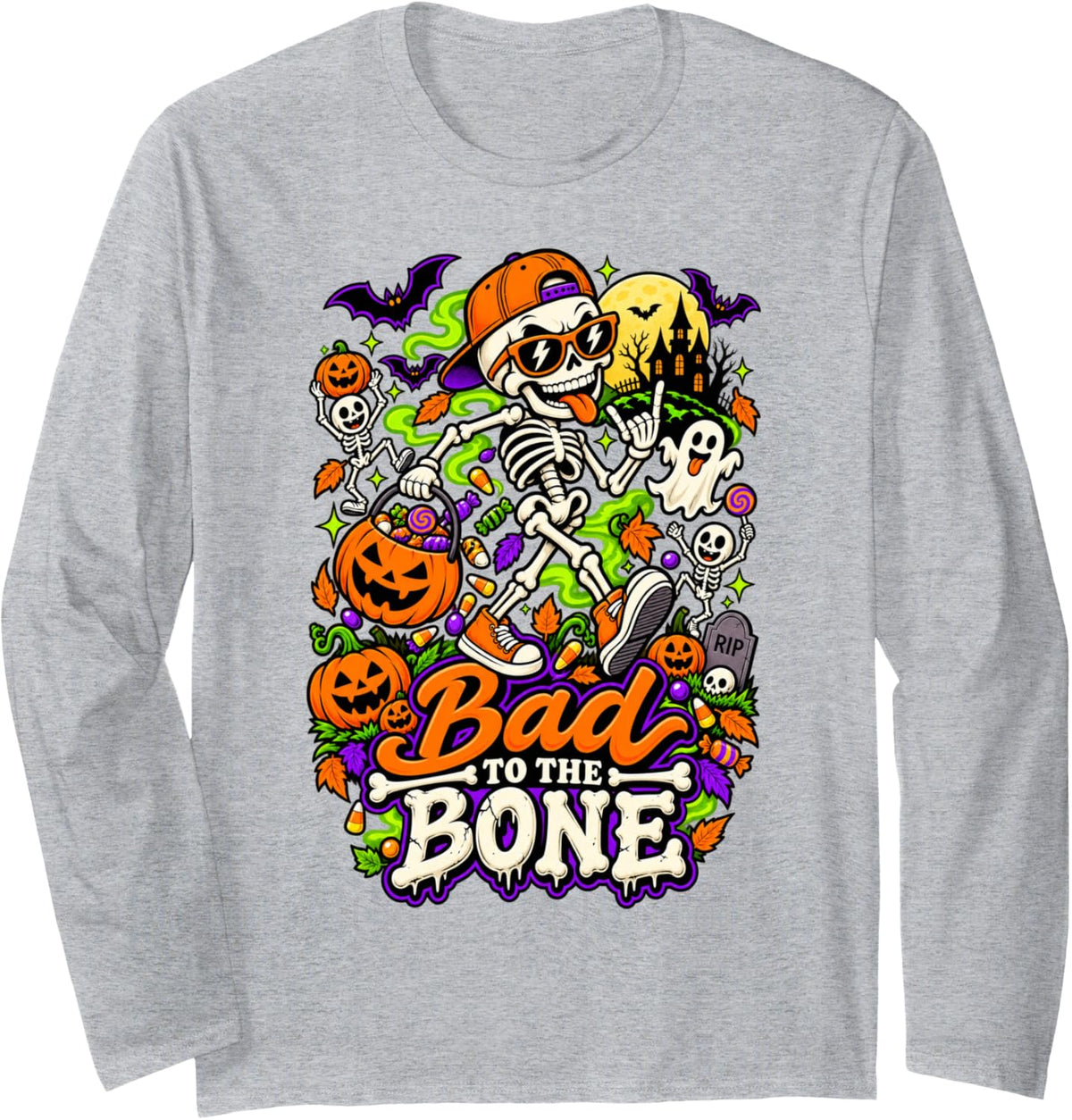 Bad to the Bone Skeleton Halloween Retro Spooky Season Long Sleeve T-Shirt - Adult Unisex Heather Grey