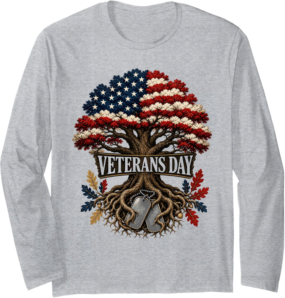 Veterans Day Tree of Life Patriotic US Flag Veterans Long Sleeve T-Shirt - Adult Unisex Heather Grey