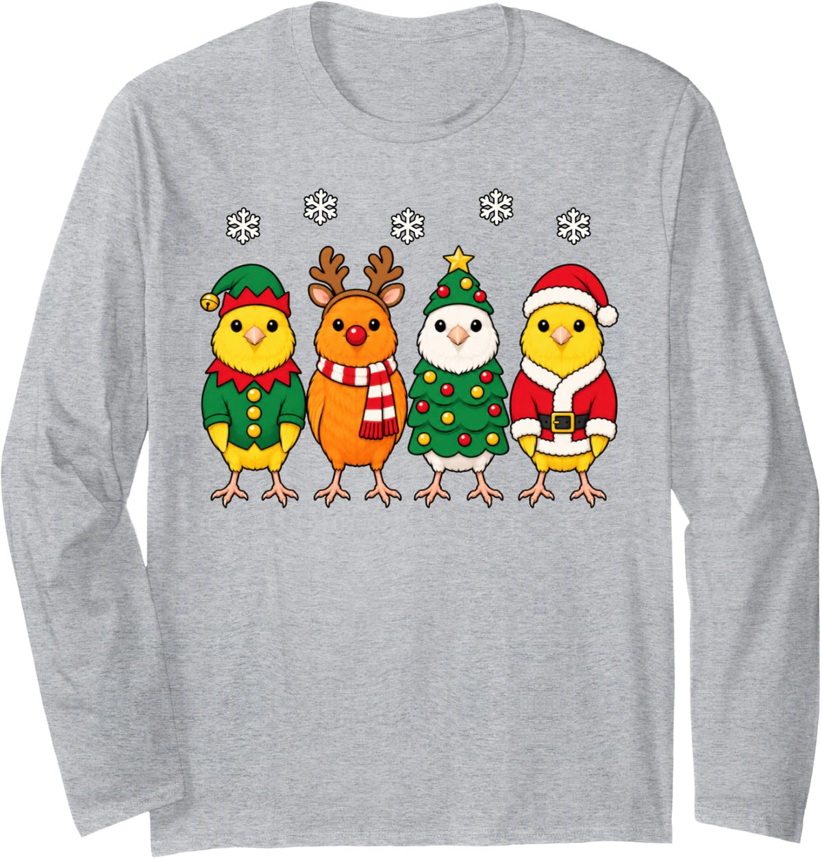 Canary Bird Christmas Reindeer Santa Parrot Long Sleeve T-Shirt - Adult Unisex Heather Grey