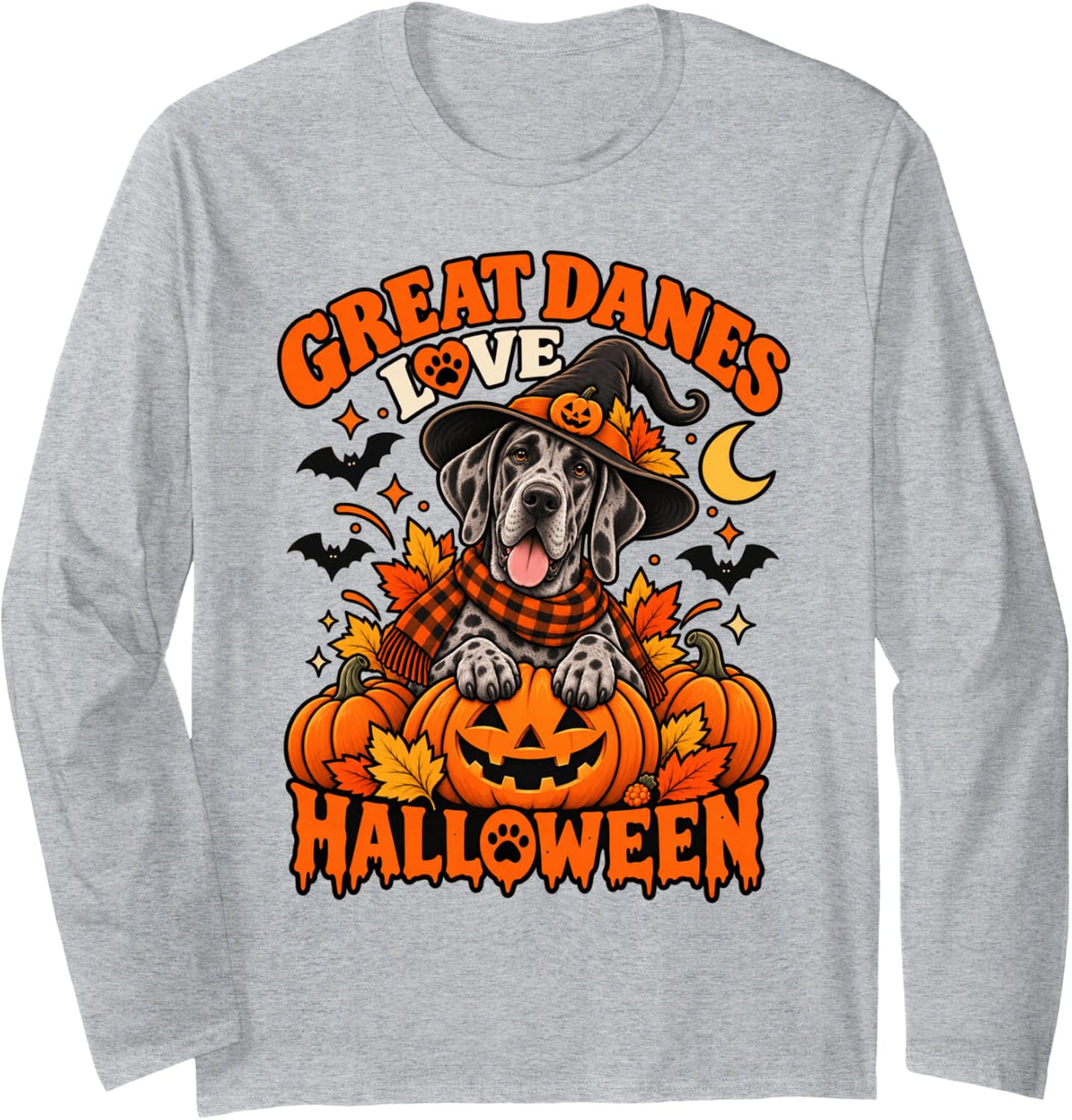 Great Dane Love Halloween Dog Witch Pumpkin for Women Men Long Sleeve T-Shirt - Adult Unisex Heather Grey