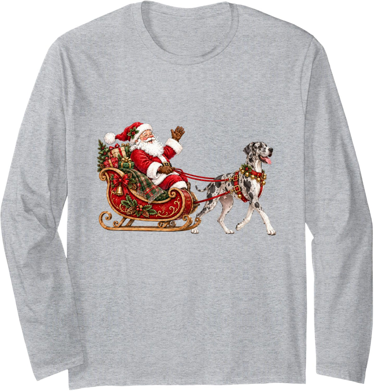 Great Dane Christmas Santa Sleigh Holiday Dog Design Long Sleeve T-Shirt - Adult Unisex Heather Grey