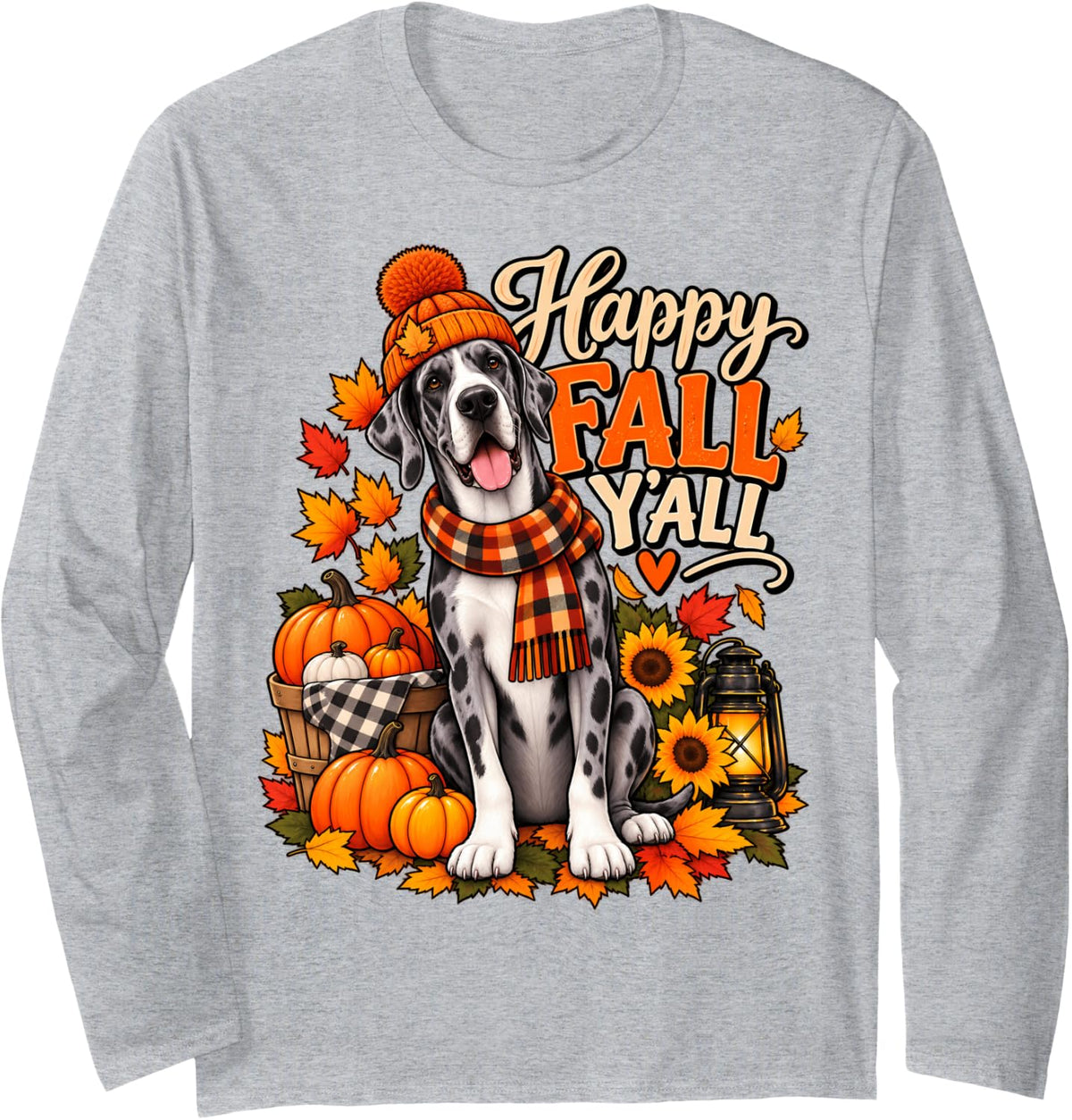 Happy Fall Y'all Great Dane Dog Scarf Autumn Leaves Long Sleeve T-Shirt - Adult Unisex Heather Grey