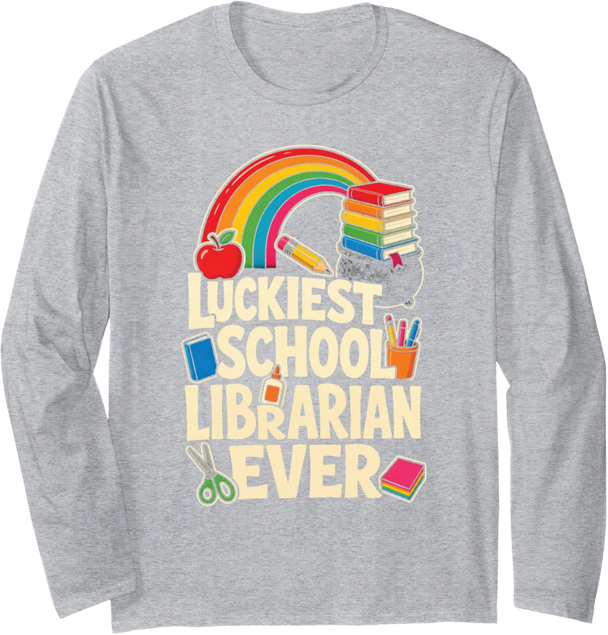 School Librarian St Patricks Day Luckiest Ever Elementary Long Sleeve T-Shirt - Adult Unisex Heather Grey