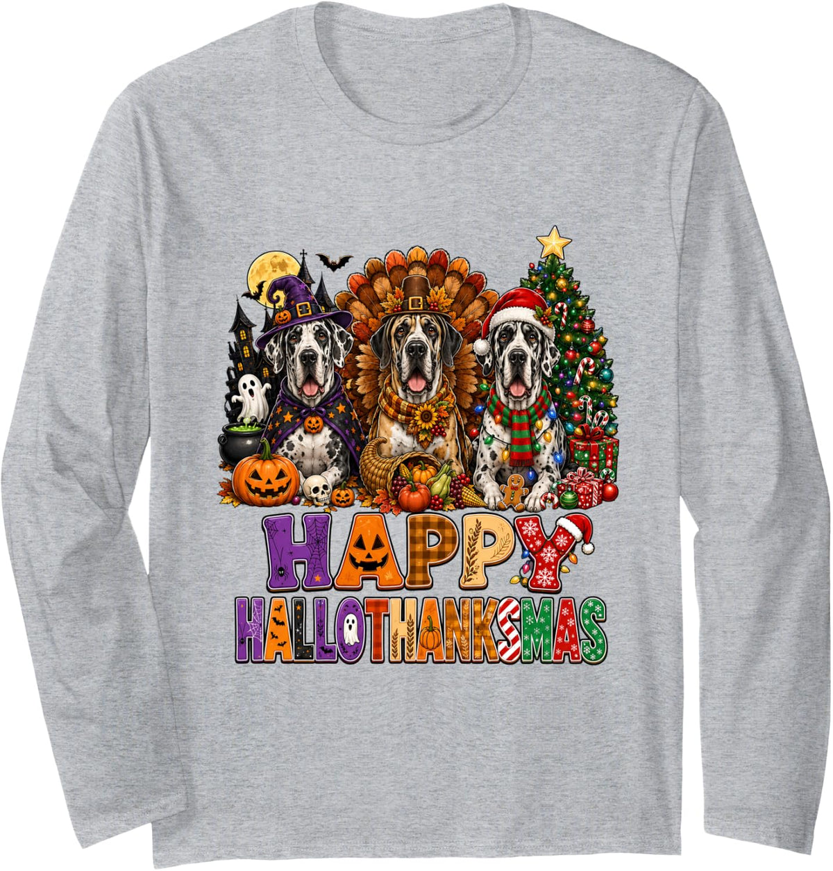 Happy Halloween Thanksgiving Christmas Great Dane Dog Lovers Long Sleeve T-Shirt - Adult Unisex Heather Grey