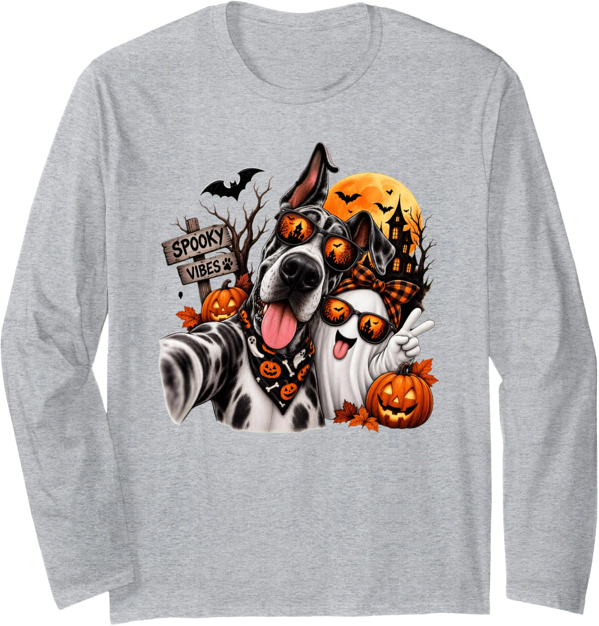 Spooky Great Dane Selfie with Ghost Halloween Dog Design Long Sleeve T-Shirt - Adult Unisex Heather Grey