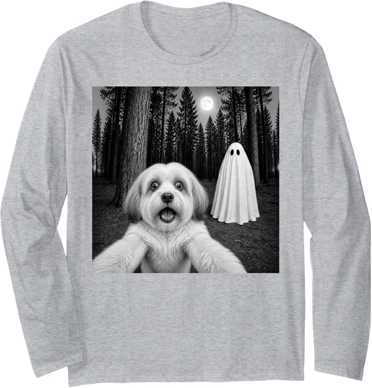 Spooky Havanese Selfie with Ghost Halloween Dog Long Sleeve T-Shirt - Adult Unisex Heather Grey