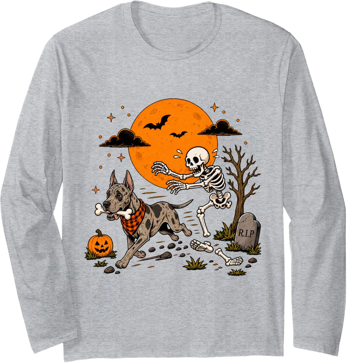 Halloween Dog Skeleton Funny Great Dane Men Women Long Sleeve T-Shirt - Adult Unisex Heather Grey