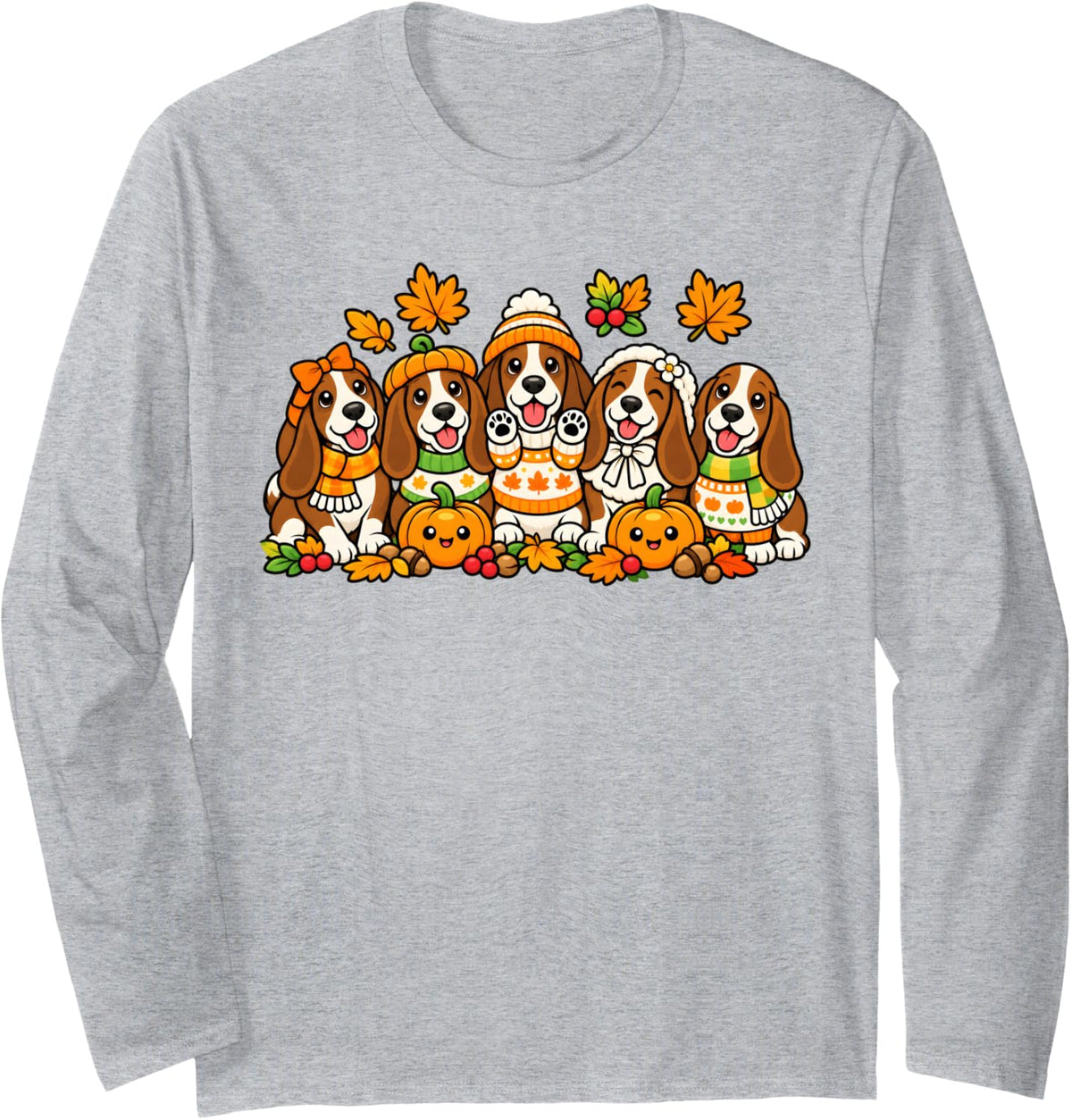 Cute Basset Hound Dog Pumpkin Coffee Fall Autumn Halloween Long Sleeve T-Shirt - Adult Unisex Heather Grey