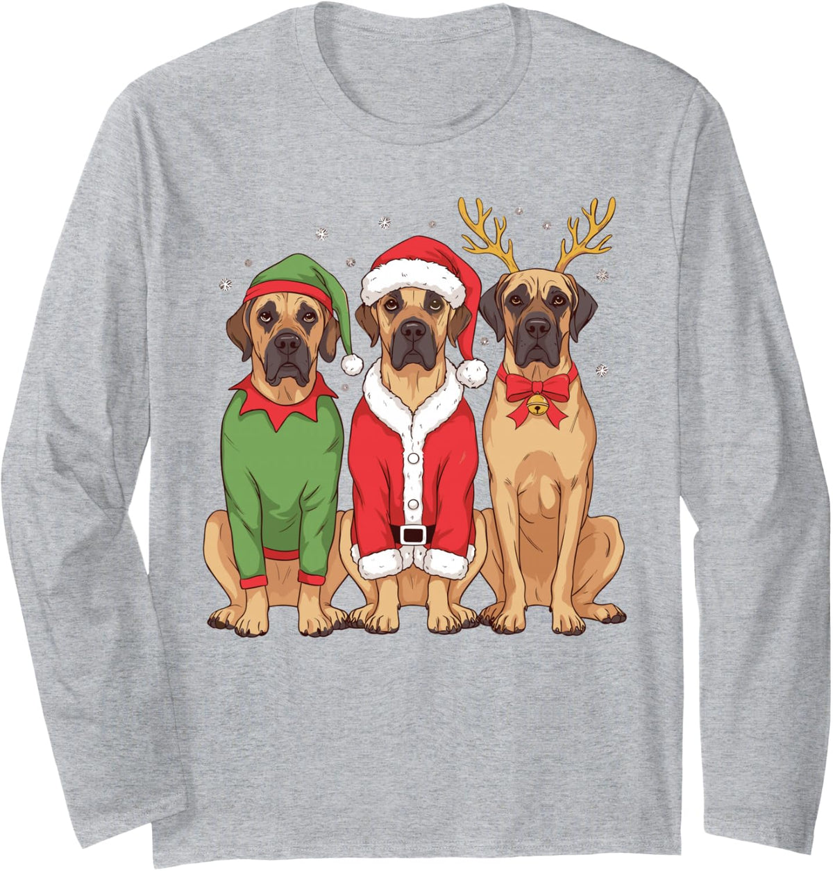 Cute Great Dane Christmas Puppies Elf Santa Reindeer Dog Mom Long Sleeve T-Shirt - Adult Unisex Heather Grey