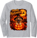 Cute Fawn Great Dane Dog Happy Halloween Night Long Sleeve T-Shirt - Adult Unisex Heather Grey