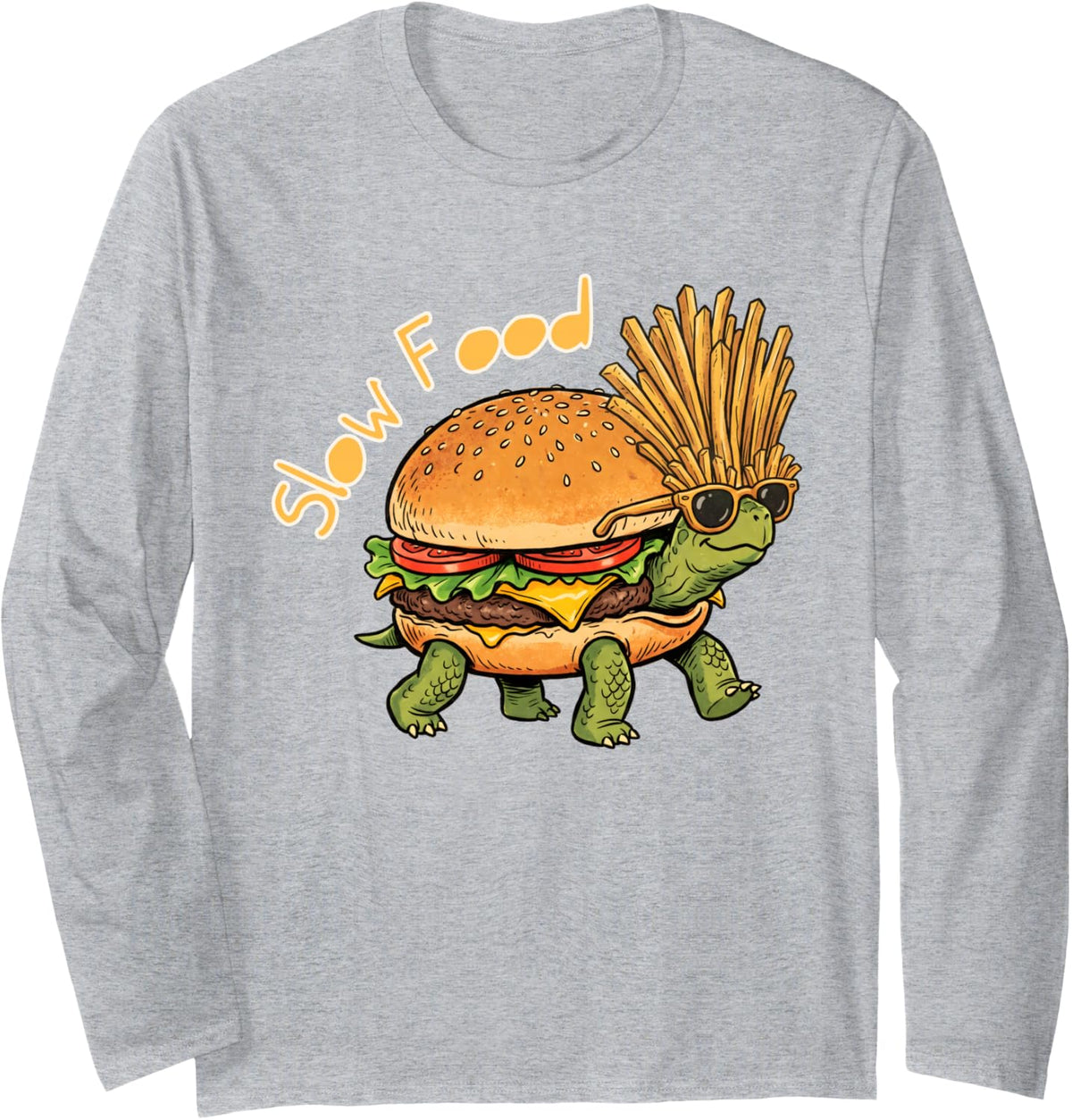Turtle Hamburger and French Fries Funny Long Sleeve T-Shirt - Adult Unisex Heather Grey