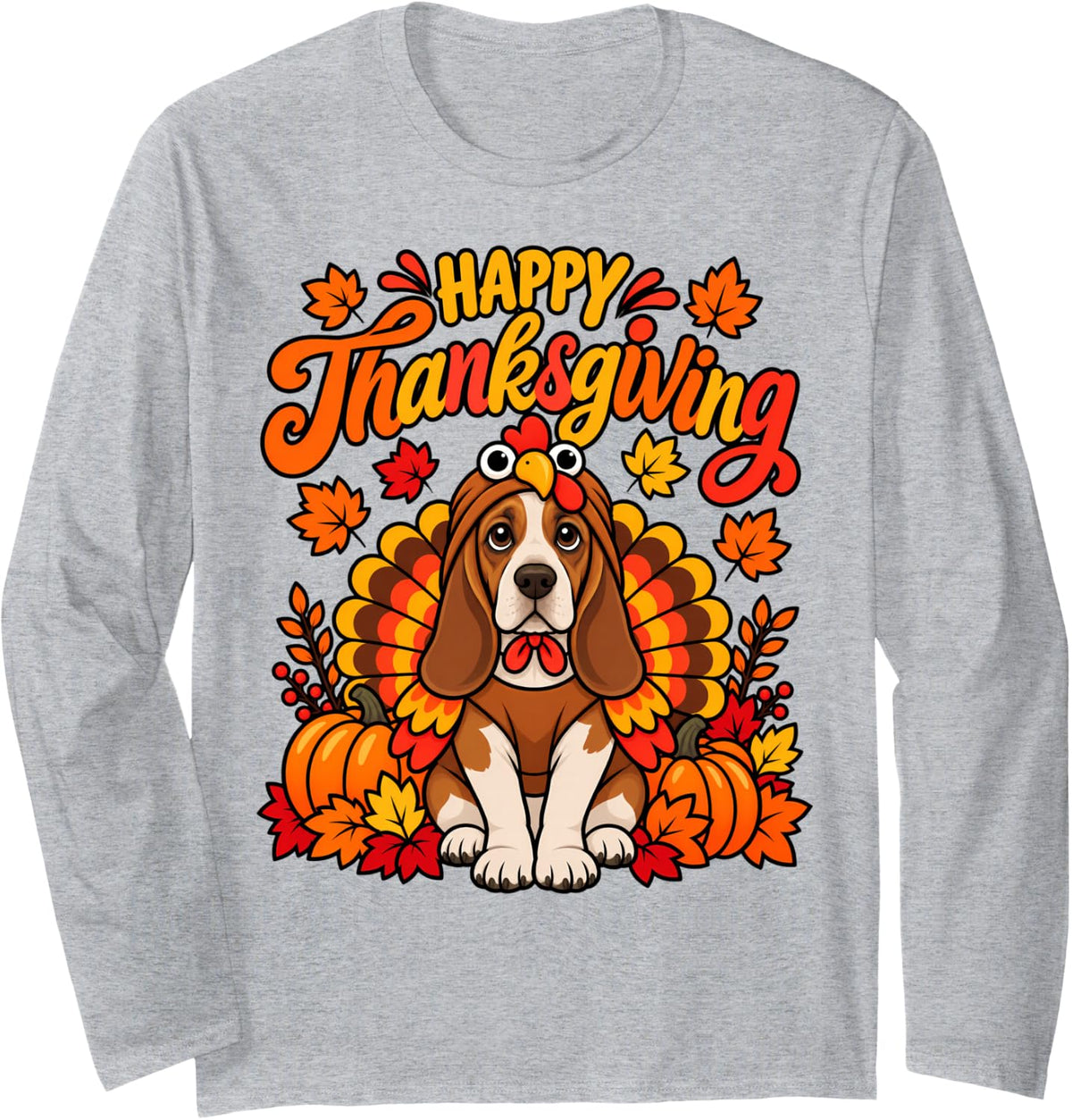 Happy Thanksgiving Basset Hound Dog Turkey Day Fall Long Sleeve T-Shirt - Adult Unisex Heather Grey
