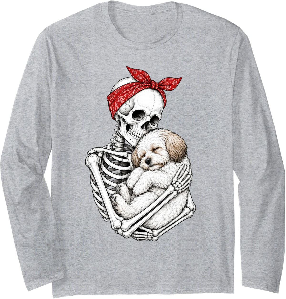Skeleton Holding Havanese Dog Funny Lazy Halloween Costume Long Sleeve T-Shirt - Adult Unisex Heather Grey