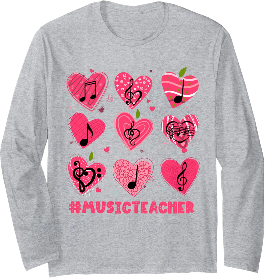 Valentine's Day Music Teacher Musical Notes Hearts Musician Long Sleeve T-Shirt - Adult Unisex Heather Grey