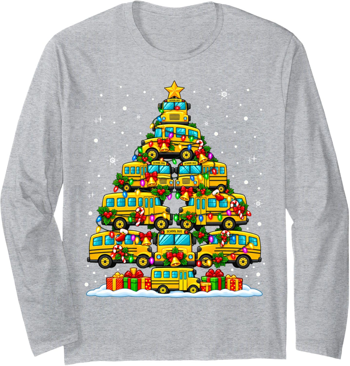 School Bus Christmas Tree Holiday Lights Bus Driver Long Sleeve T-Shirt - Adult Unisex Heather Grey