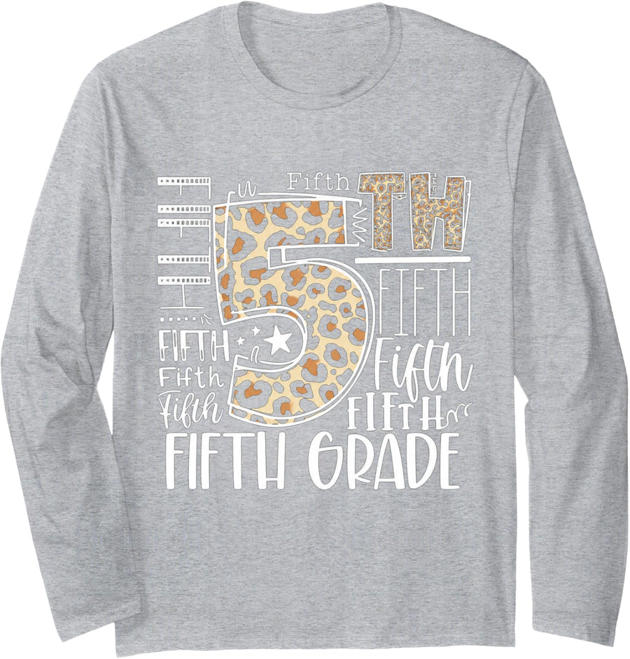 Hello Fifth Grade Typography Leopard Back to School Teacher Long Sleeve T-Shirt - Adult Unisex Heather Grey