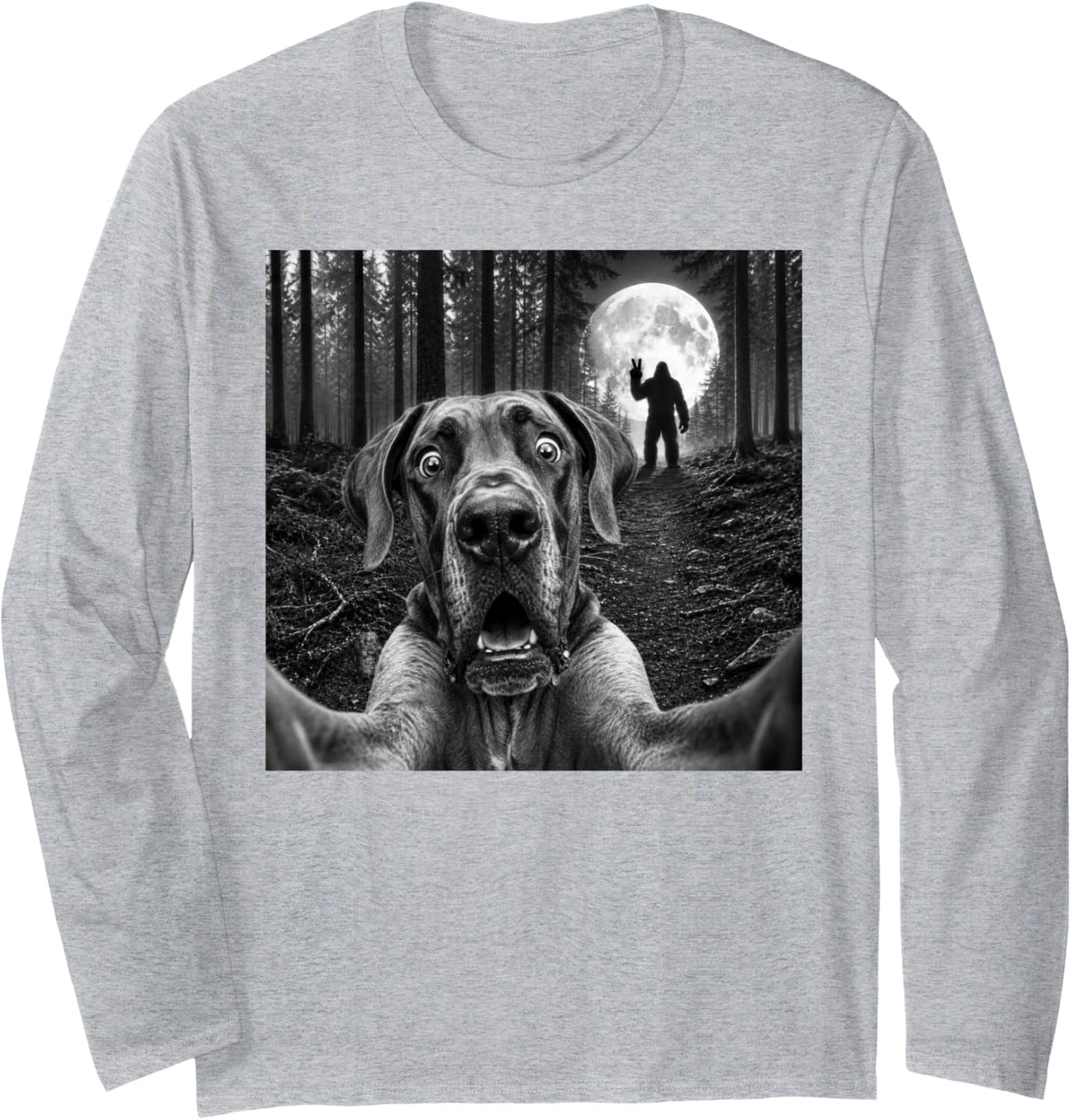 Great Dane Selfie with Bigfoot Peace Sign Dog Sasquatch Long Sleeve T-Shirt - Adult Unisex Heather Grey