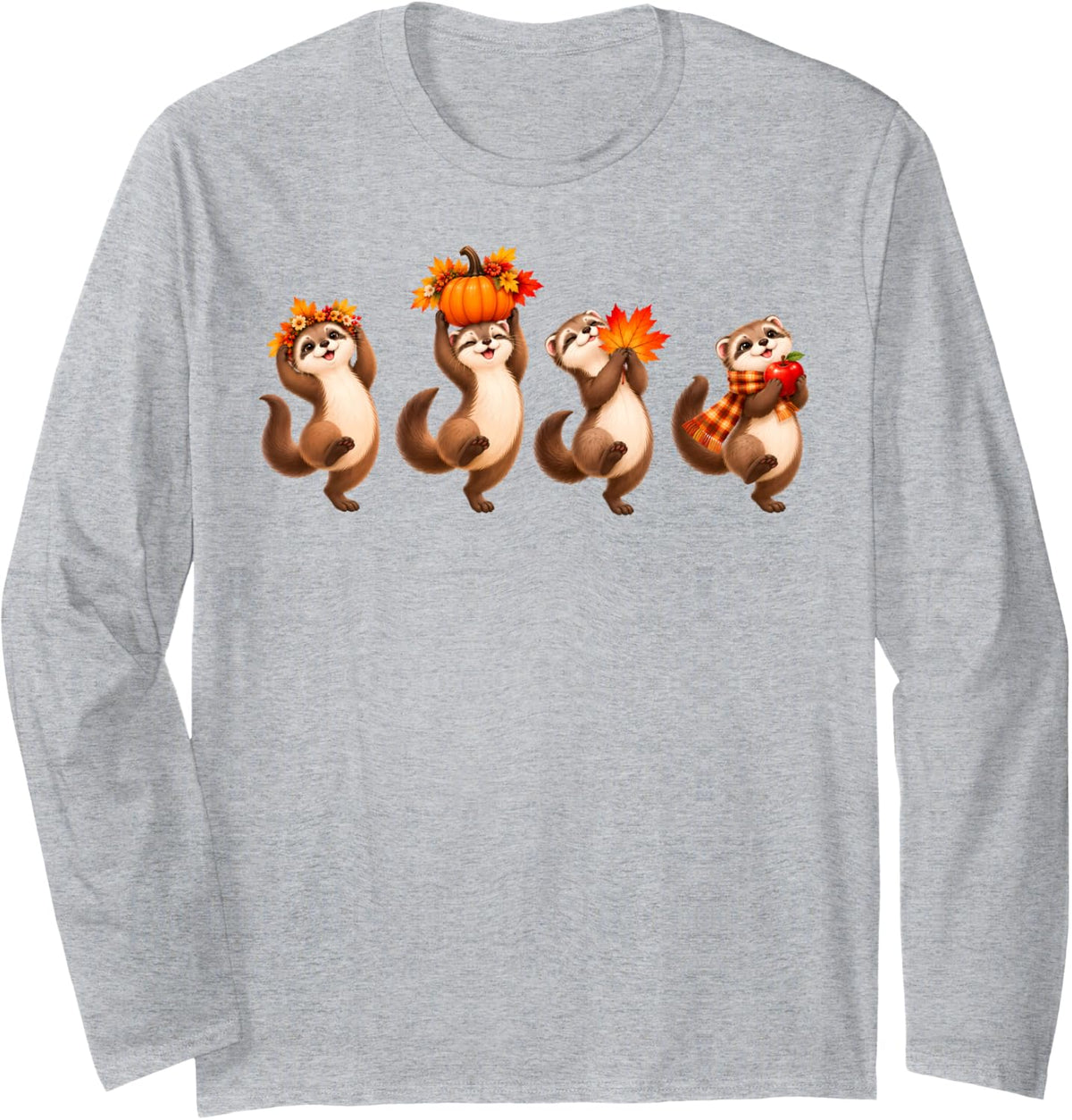 Ferrets Fall Leaves Pumpkins Autumn Happy Thanksgiving Kids Long Sleeve T-Shirt - Adult Unisex Heather Grey