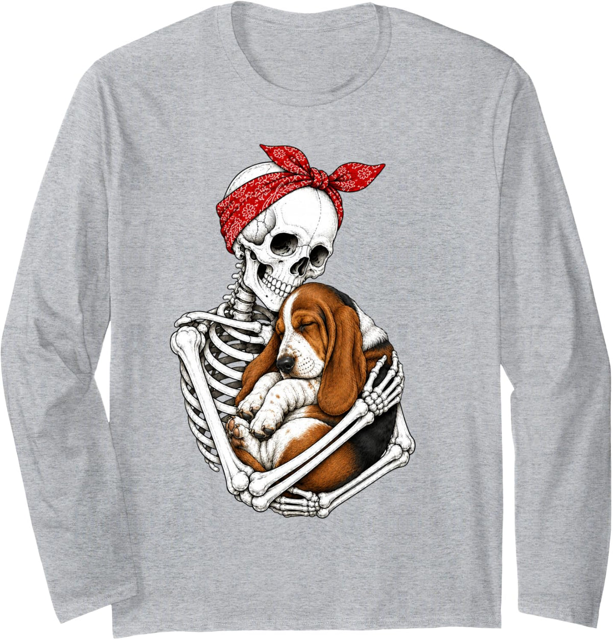 Skeleton Holding Basset Hound Dog Funny Lazy Halloween Long Sleeve T-Shirt - Adult Unisex Heather Grey