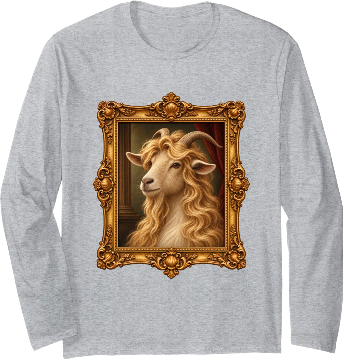 Goat Long Blonde Hair Funny Animal Portrait Long Sleeve T-Shirt - Adult Unisex Heather Grey