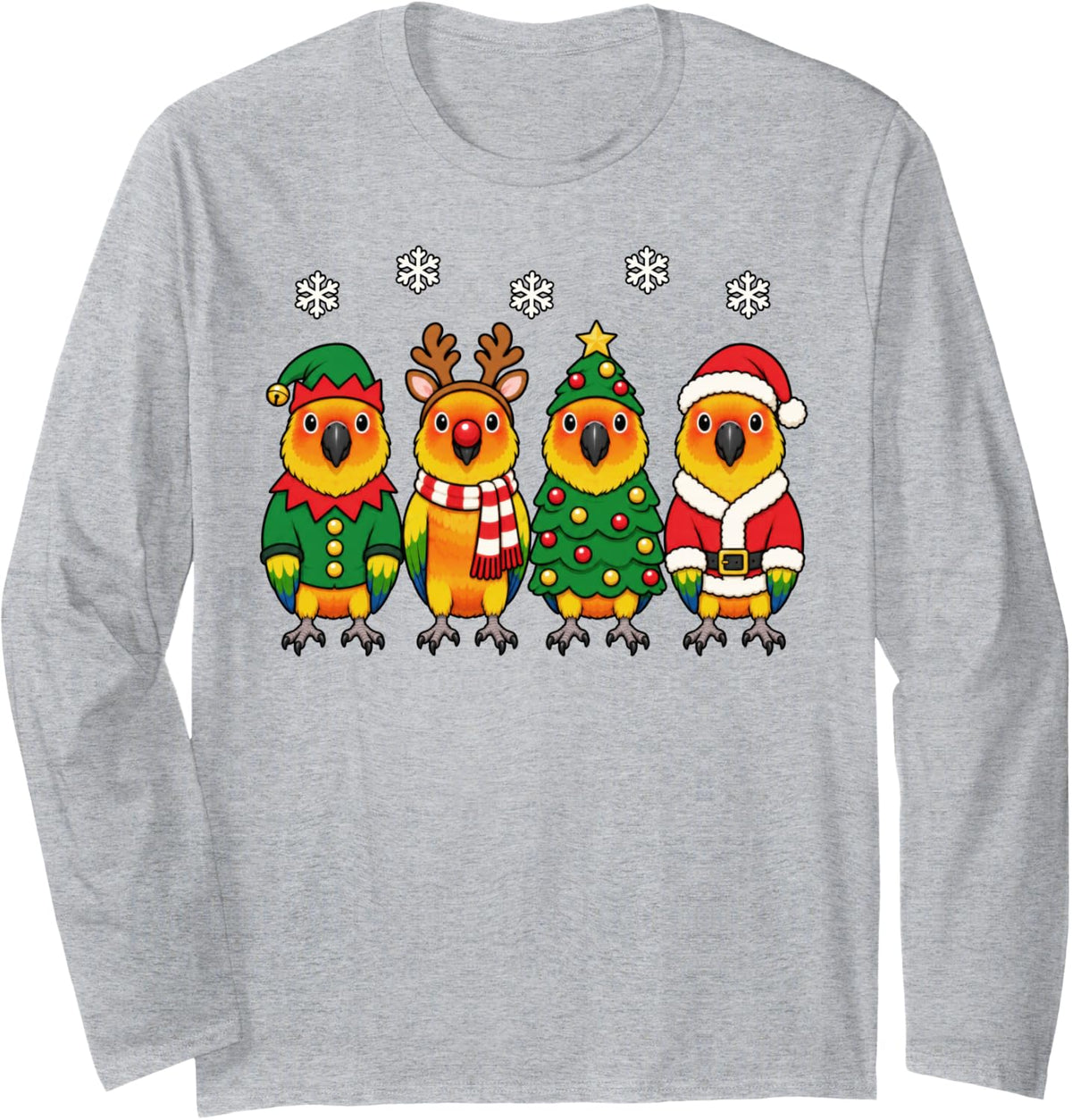 Sun Conure Christmas Reindeer Santa Parrot Long Sleeve T-Shirt - Adult Unisex Heather Grey