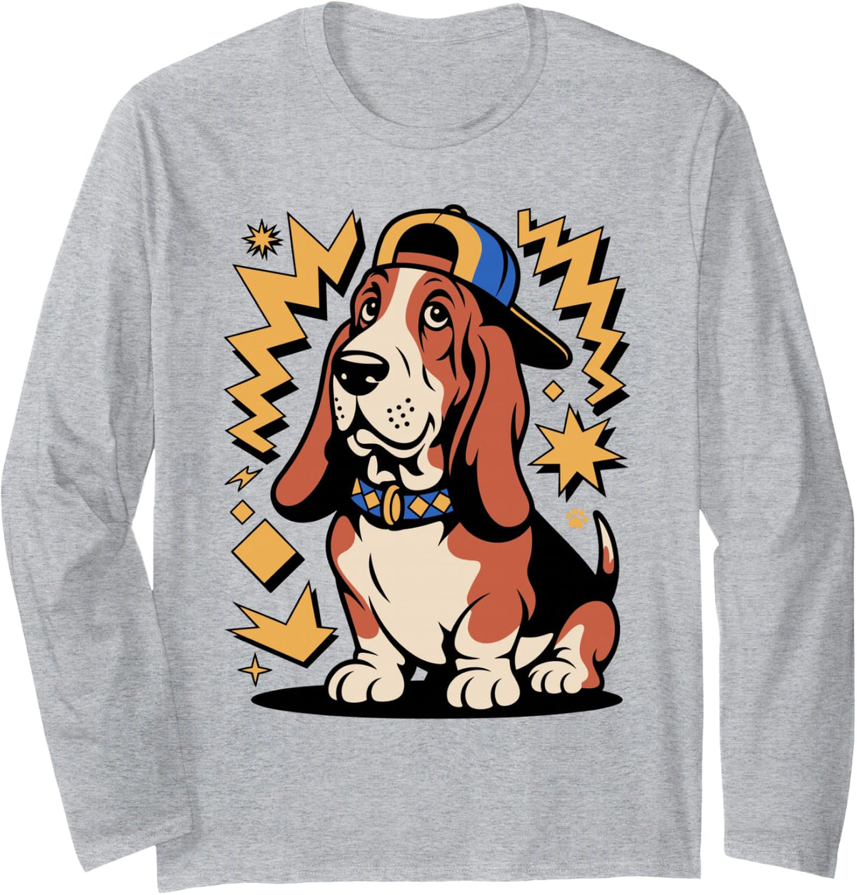 Vintage Basset Hound 90s Dog Lover Owner Hound Long Sleeve T-Shirt - Adult Unisex Heather Grey