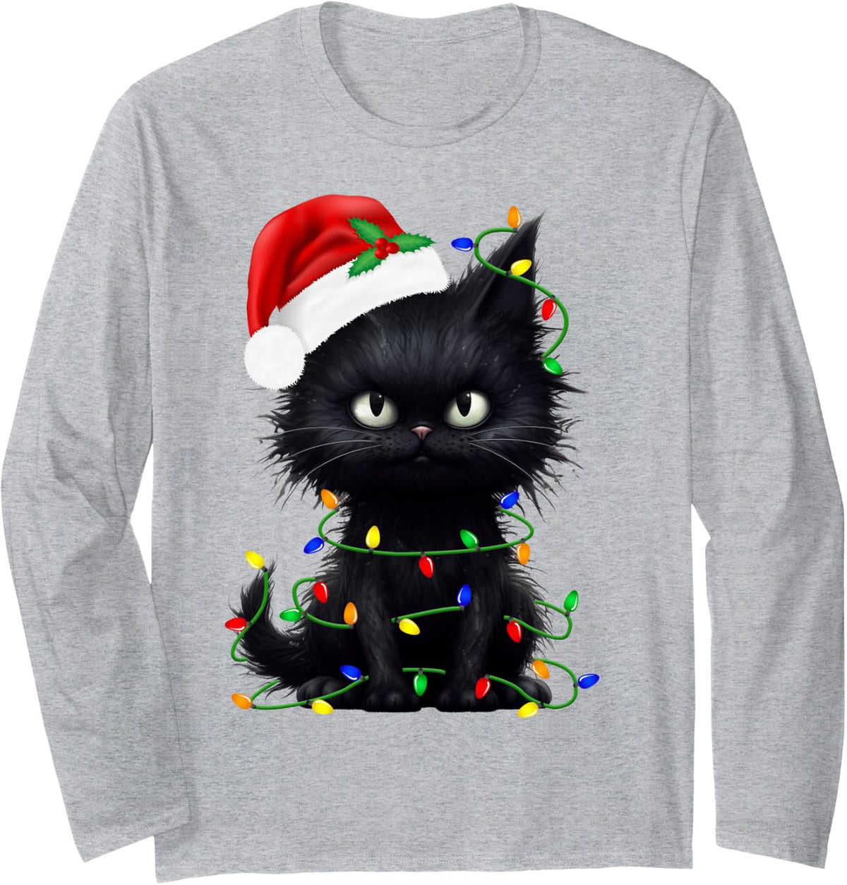 Retro Black Cat Christmas Light Funny Cat Men Women Kids Long Sleeve T-Shirt - Adult Unisex Heather Grey