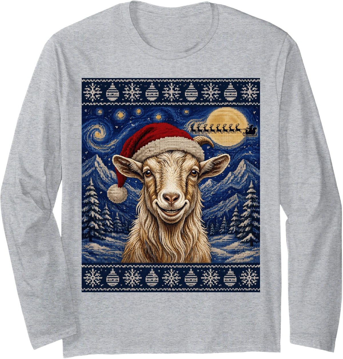 Goat Santa Ugly Christmas Long Sleeve T-Shirt - Adult Unisex Heather Grey