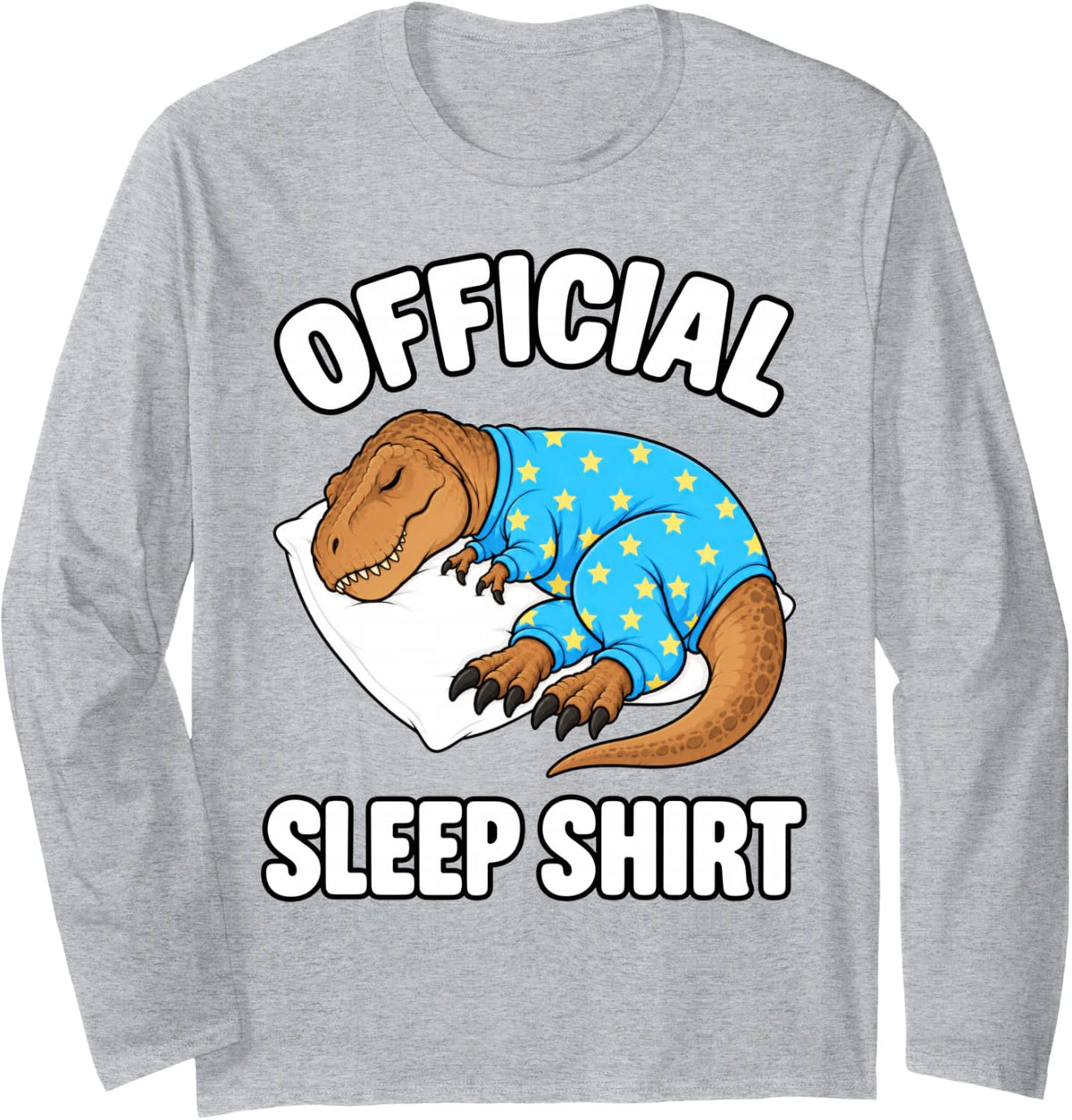T-rex Sleeping in Pajamas Official Sleepshirt Cute Dinosaur Long Sleeve T-Shirt - Adult Unisex Heather Grey