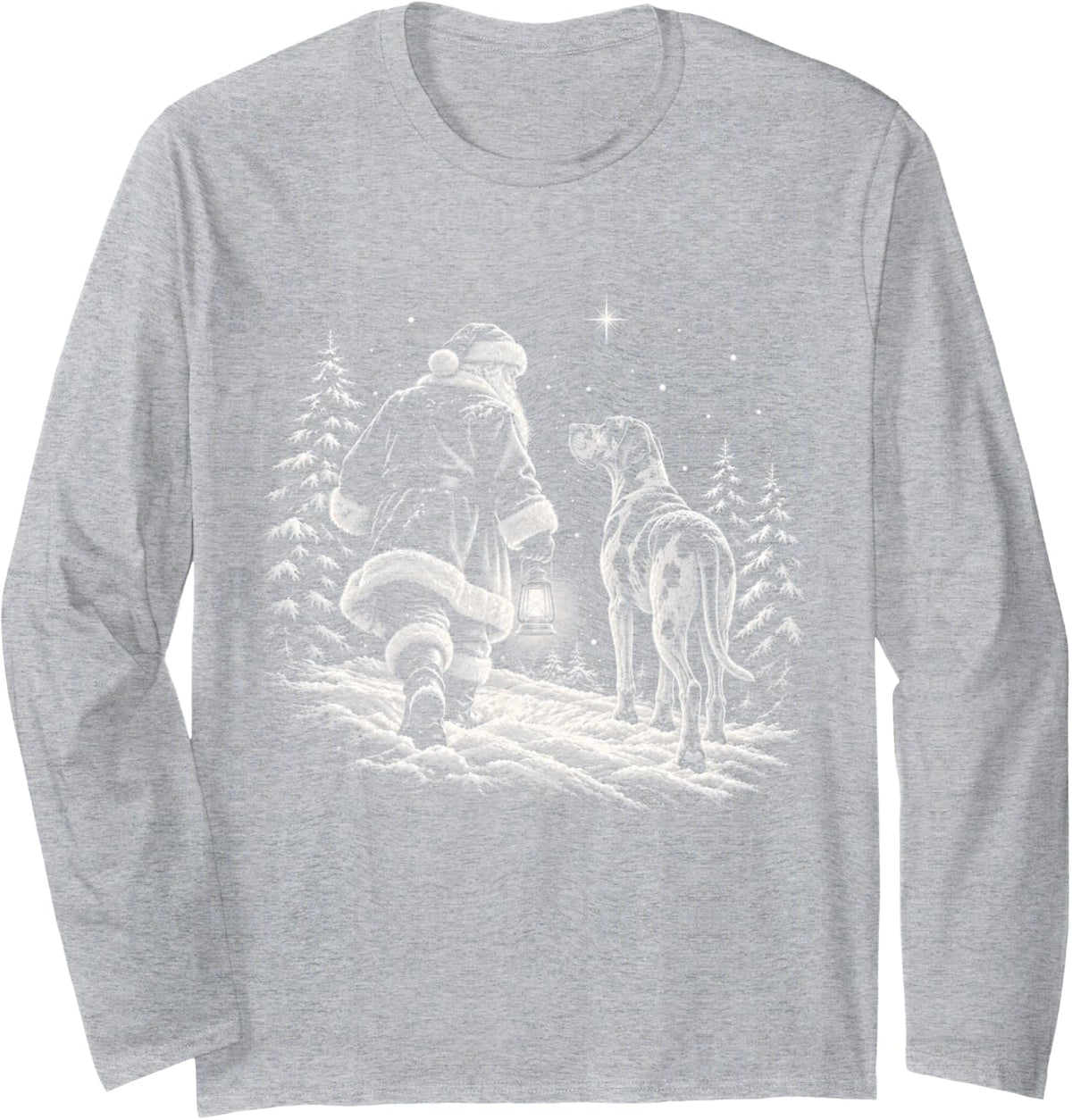 Great Dane Christmas Dog Walking with Santa Holiday Dog Long Sleeve T-Shirt - Adult Unisex Heather Grey