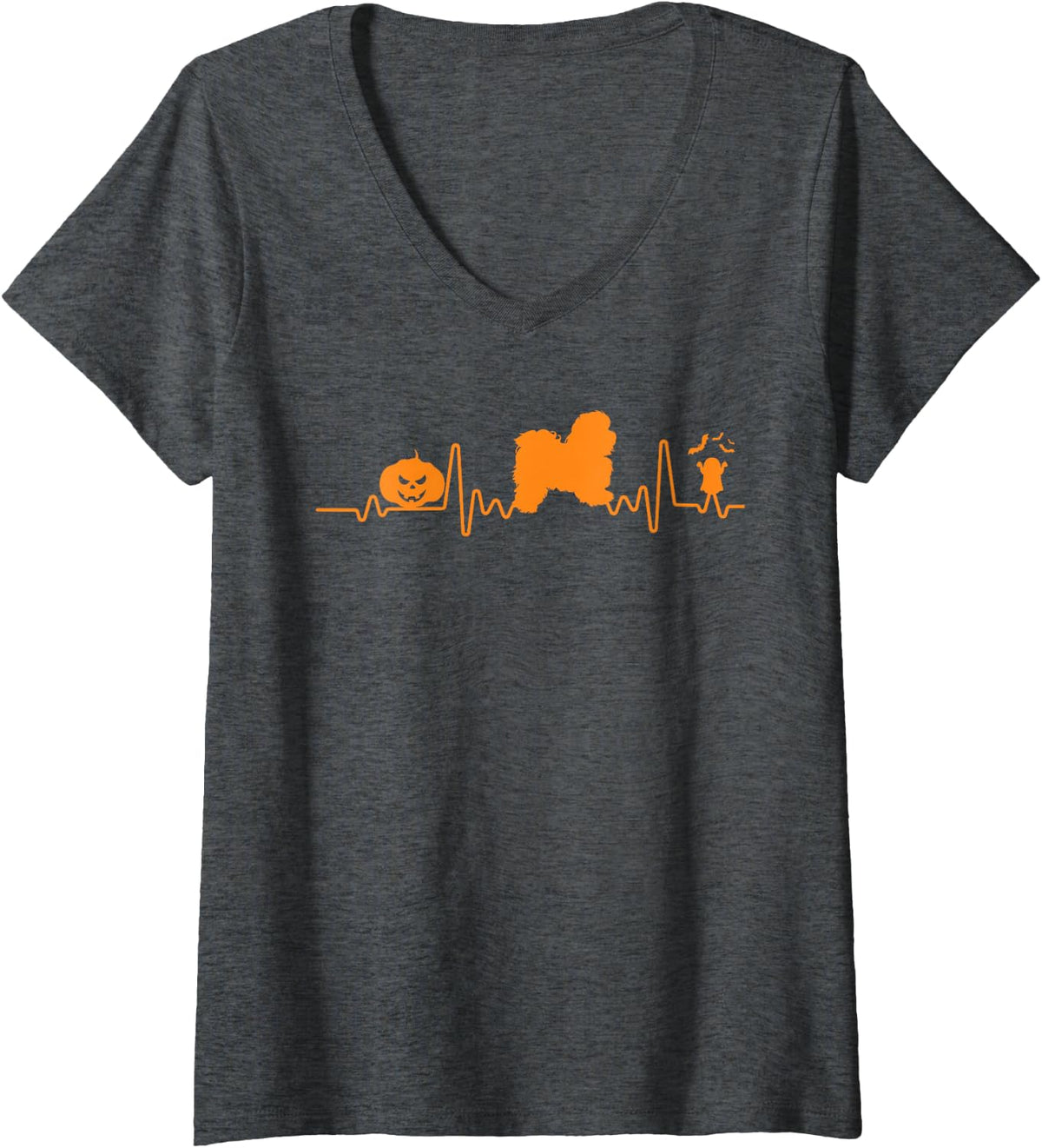 Women's Havanese Dog Heartbeat Pumpkin Funny Halloween Costume V-Neck T-Shirt - Dark Heather Grey