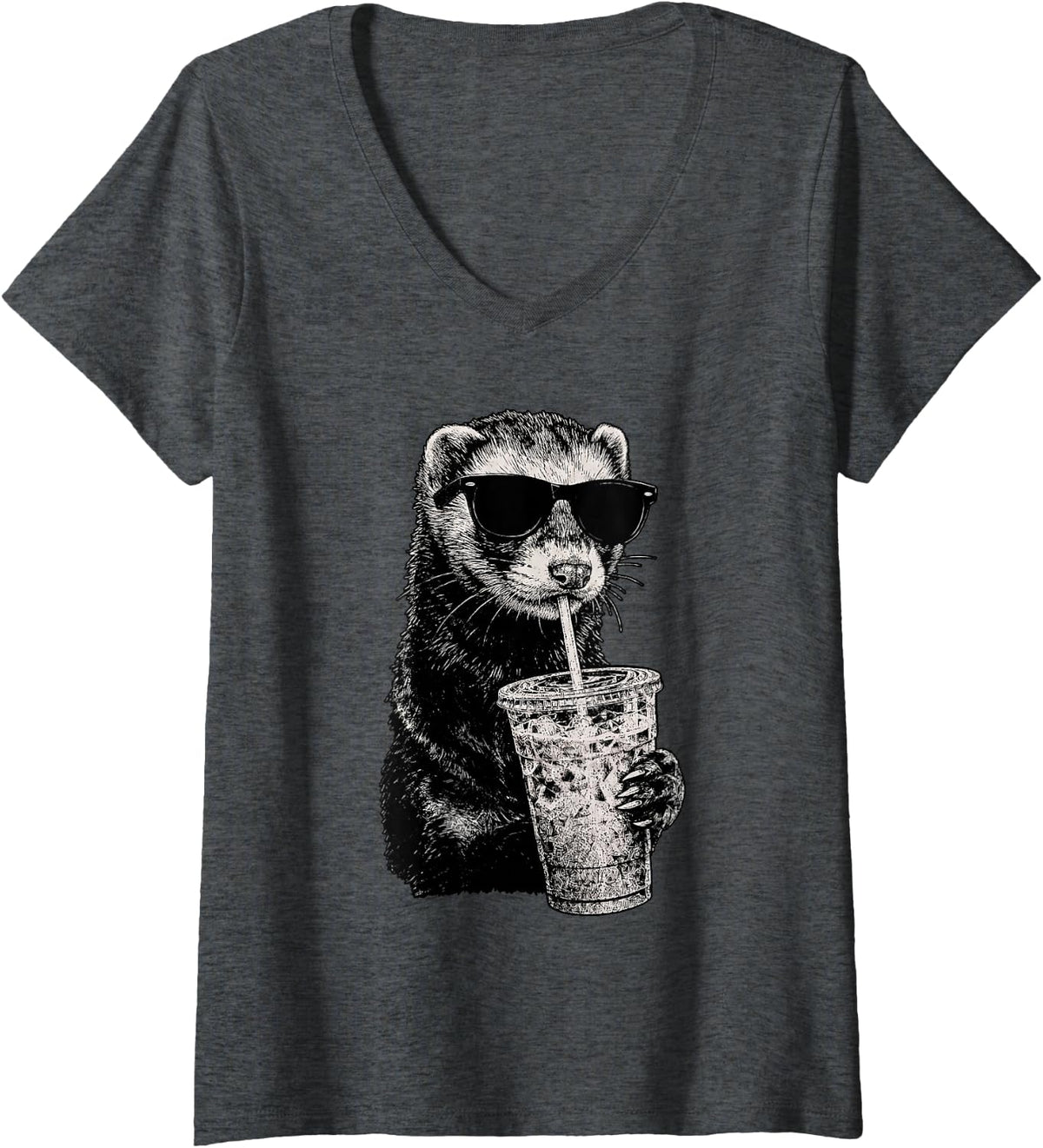 Women's Ferret Drinking Iced Coffee Wildlife Animal Humor V-Neck T-Shirt - Dark Heather Grey